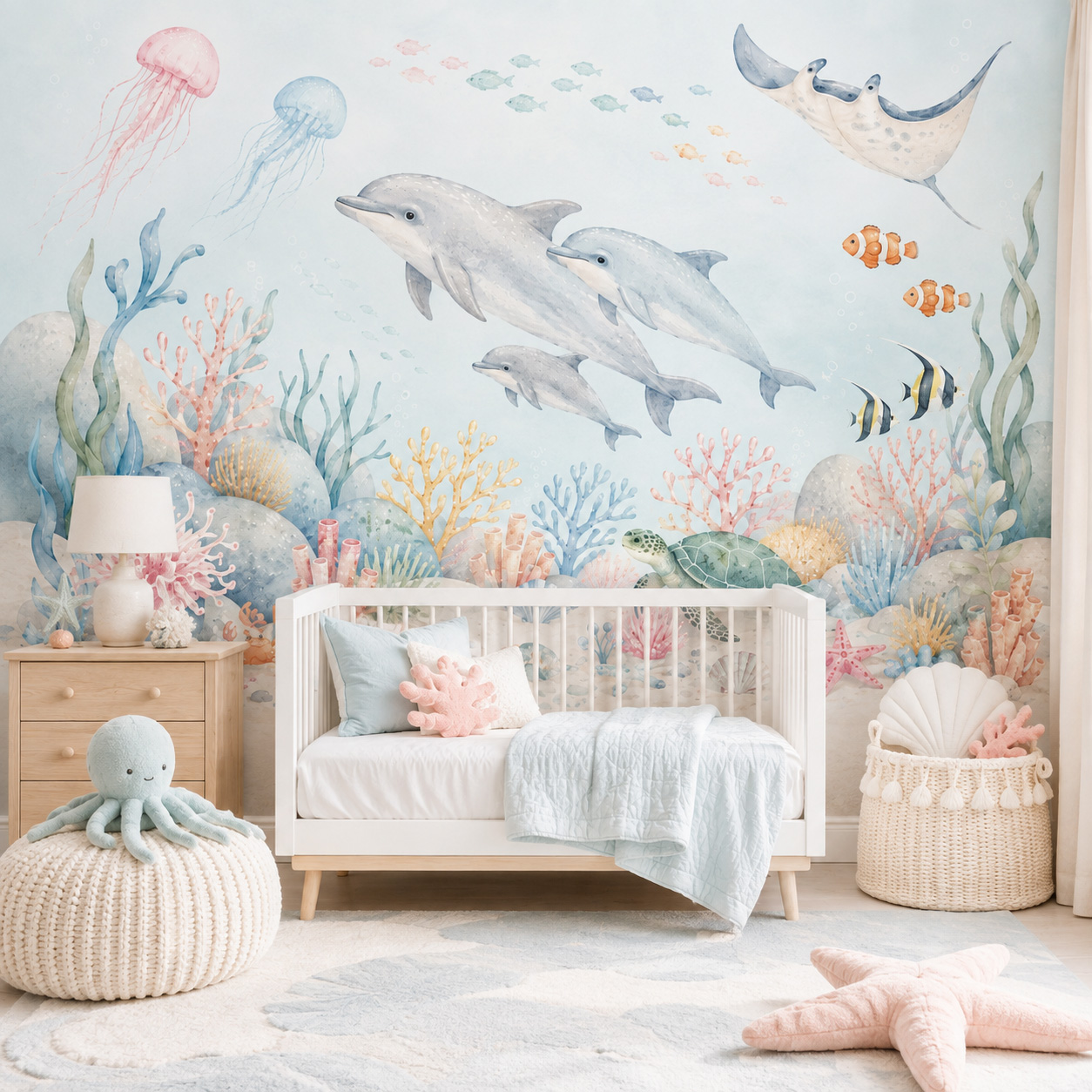Baby Nursery Peel And Stick Wallpaper - Su Altı Deniz Hayvanları Kendinden Yapışkanlı